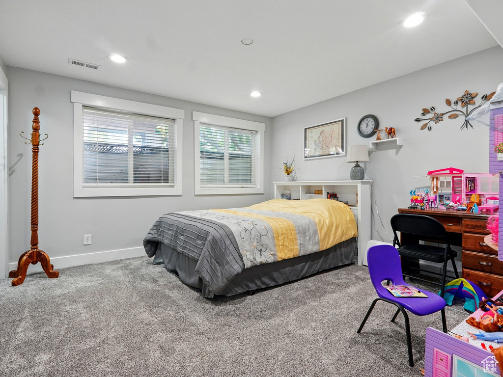 Bedroom with carpet, recessed lighting, and baseboards