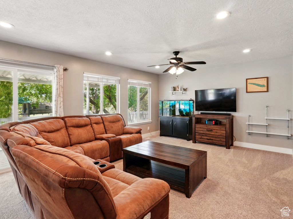 Living room featuring light colored carpet, plenty of natural light, recessed lighting, baseboards, and a textured ceiling