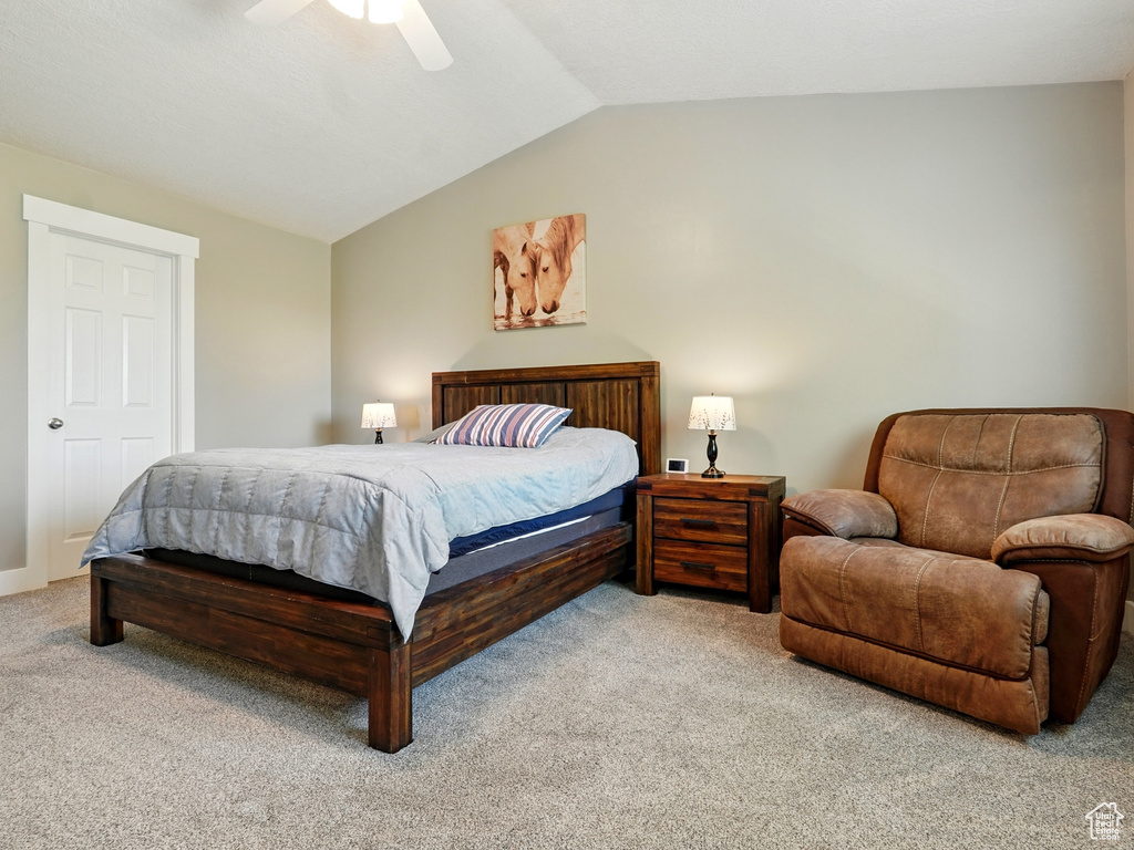 Carpeted bedroom featuring vaulted ceiling and ceiling fan