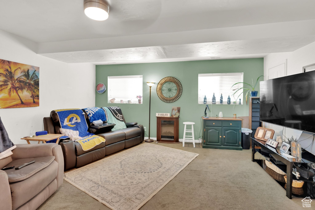 Living room featuring light colored carpet and plenty of natural light
