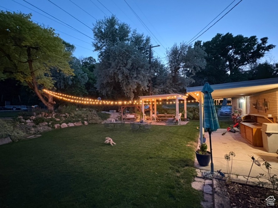 View of green lawn with area for grilling and a patio