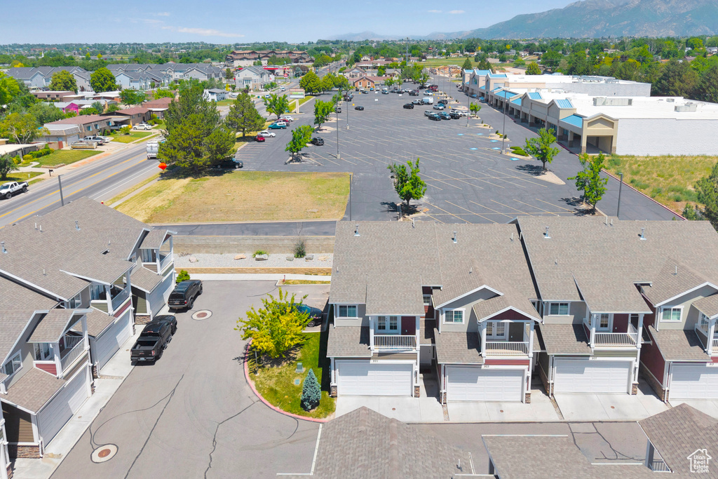 Aerial view of residential area with mountains