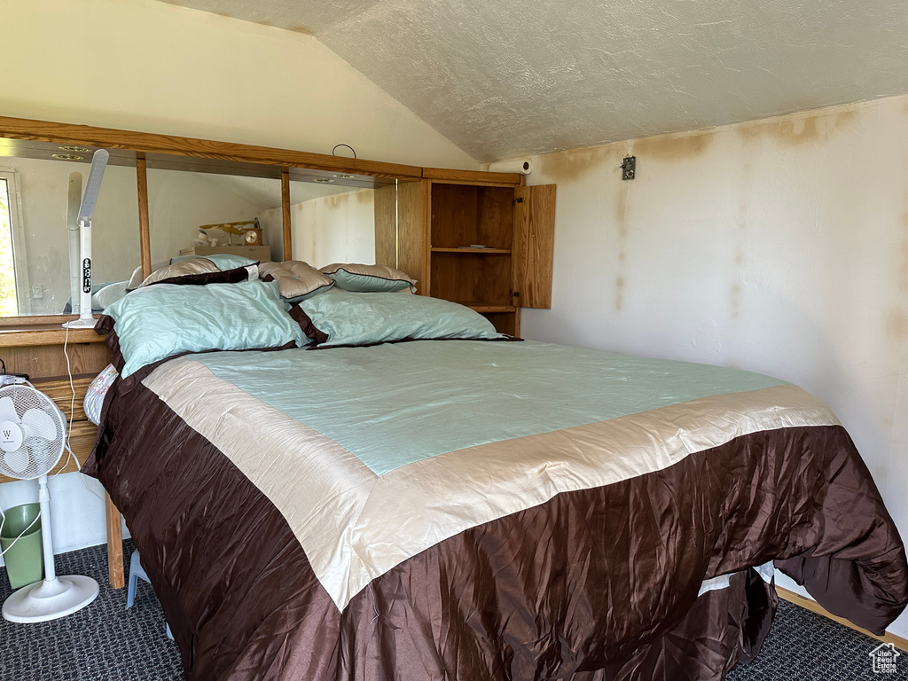 Bedroom featuring vaulted ceiling and a textured ceiling