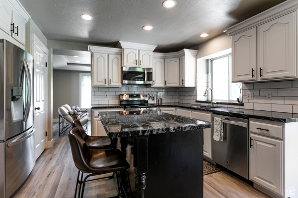 Kitchen featuring appliances with stainless steel finishes, a sink, healthy amount of natural light, light wood-style floors, and recessed lighting