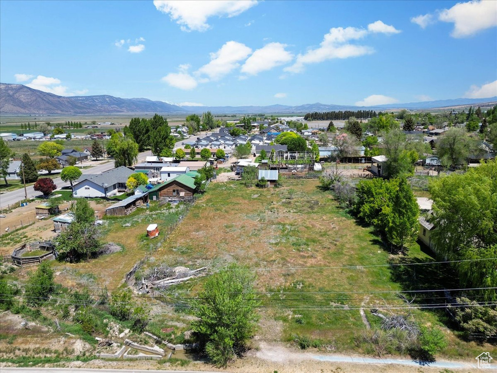 Aerial view of residential area with mountains