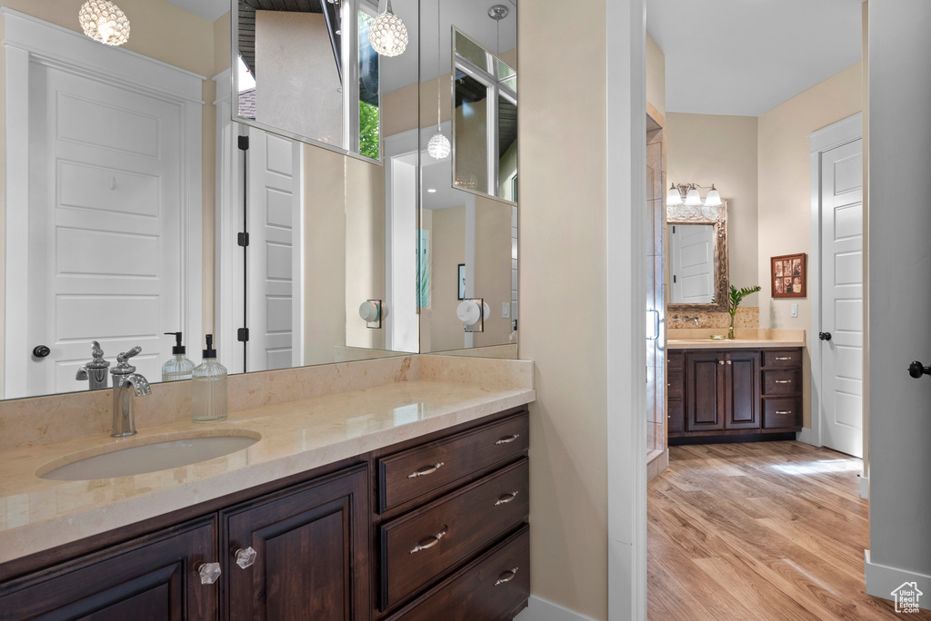 Full bath featuring wood finished floors and vanity