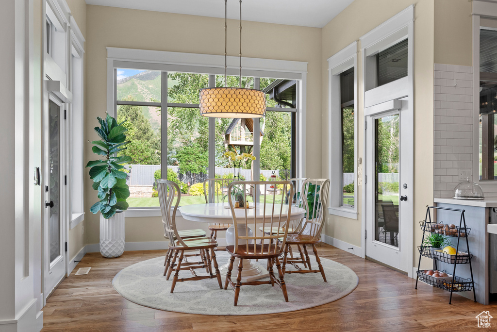 Dining space with healthy amount of natural light, wood finished floors, and baseboards