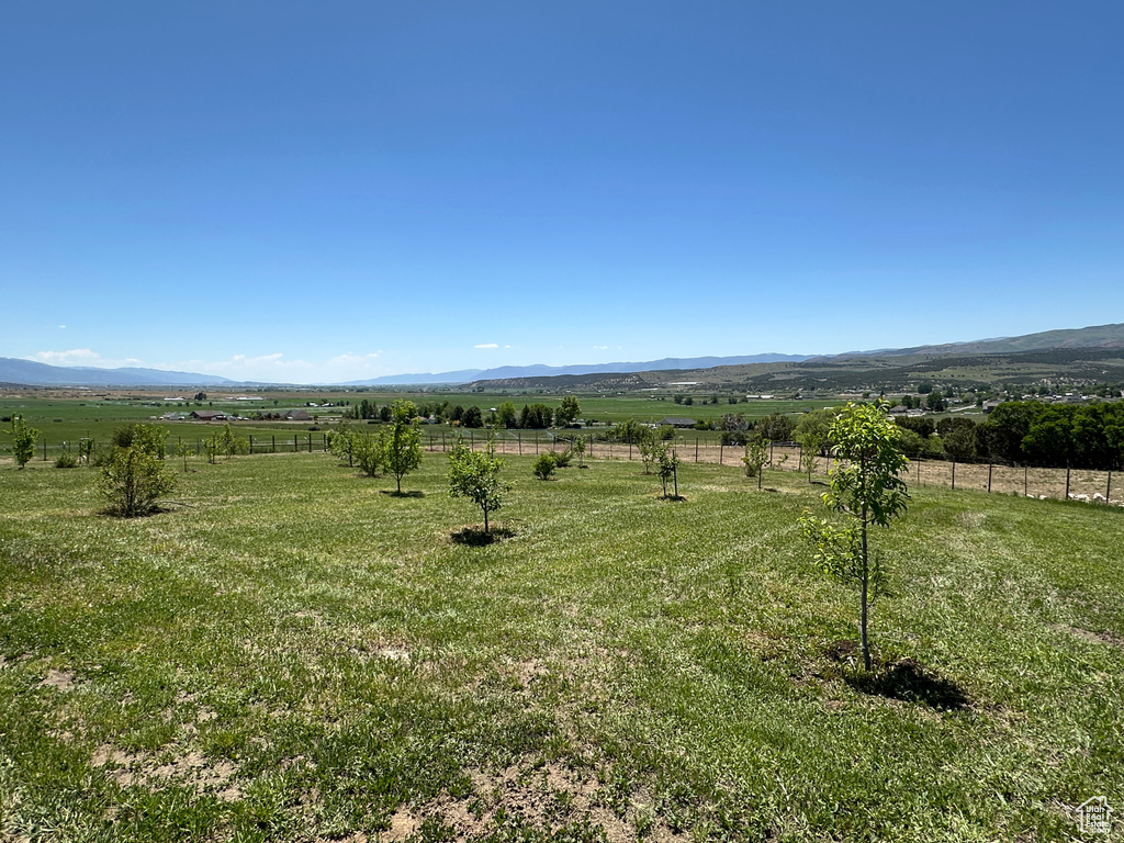 View of mountain backdrop with rural landscape