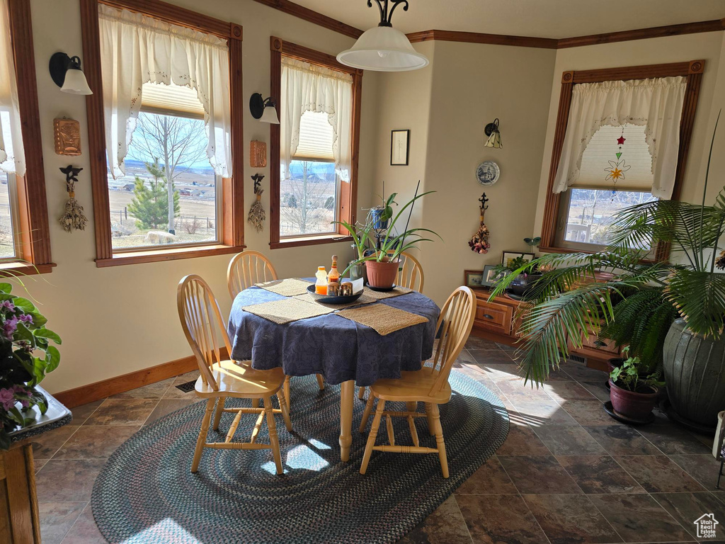 Dining room featuring dark stone finish flooring, plenty of natural light, baseboards, and ornamental molding