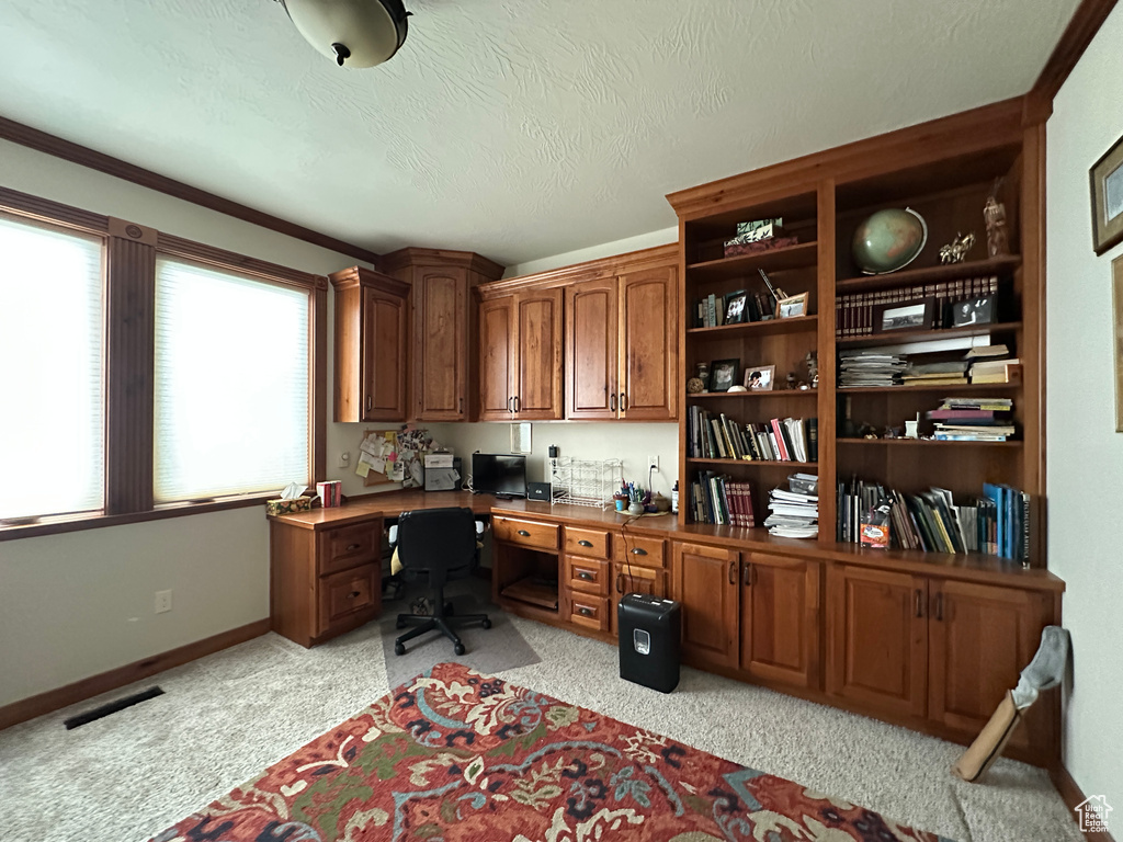 Office with light colored carpet and built in study area