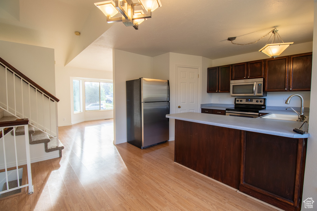 Kitchen featuring appliances with stainless steel finishes, a sink, dark brown cabinetry, light countertops, and light wood-style flooring