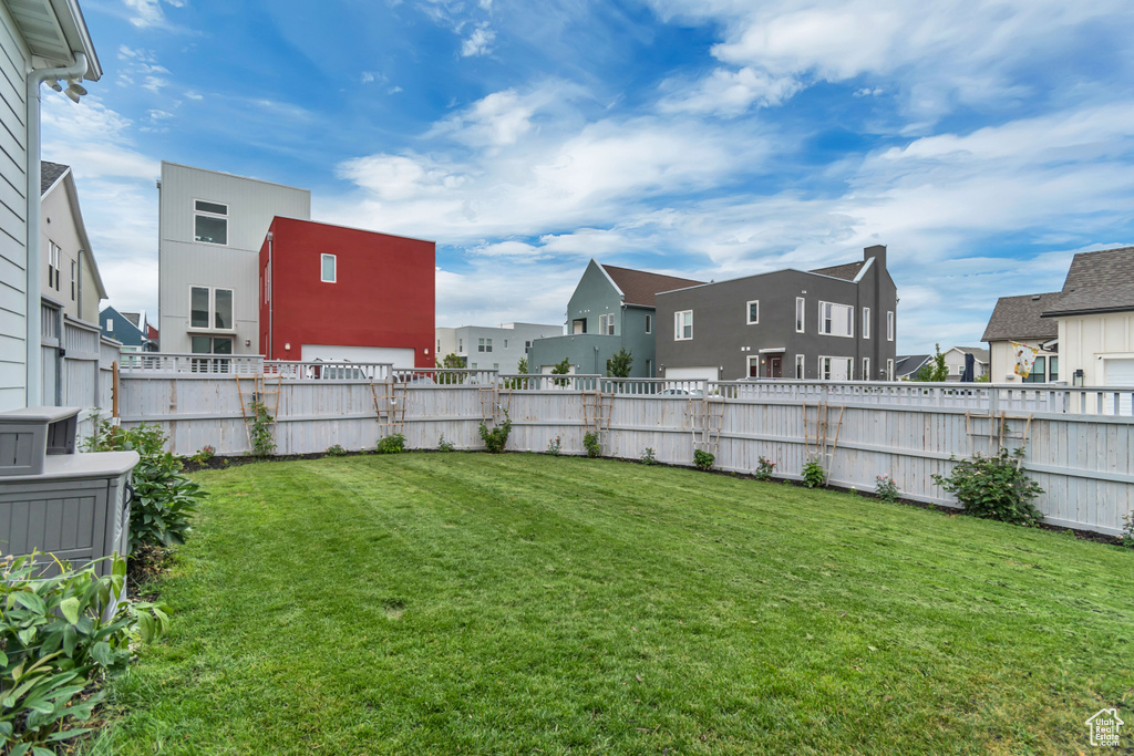 Fenced backyard with a residential view