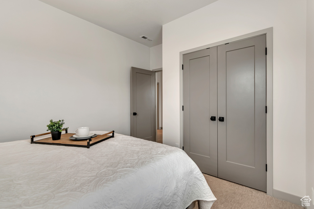 Bedroom featuring light carpet and a closet