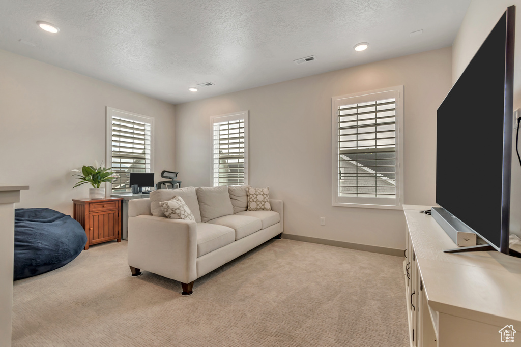 Living area with light carpet, a textured ceiling, an office area, and recessed lighting
