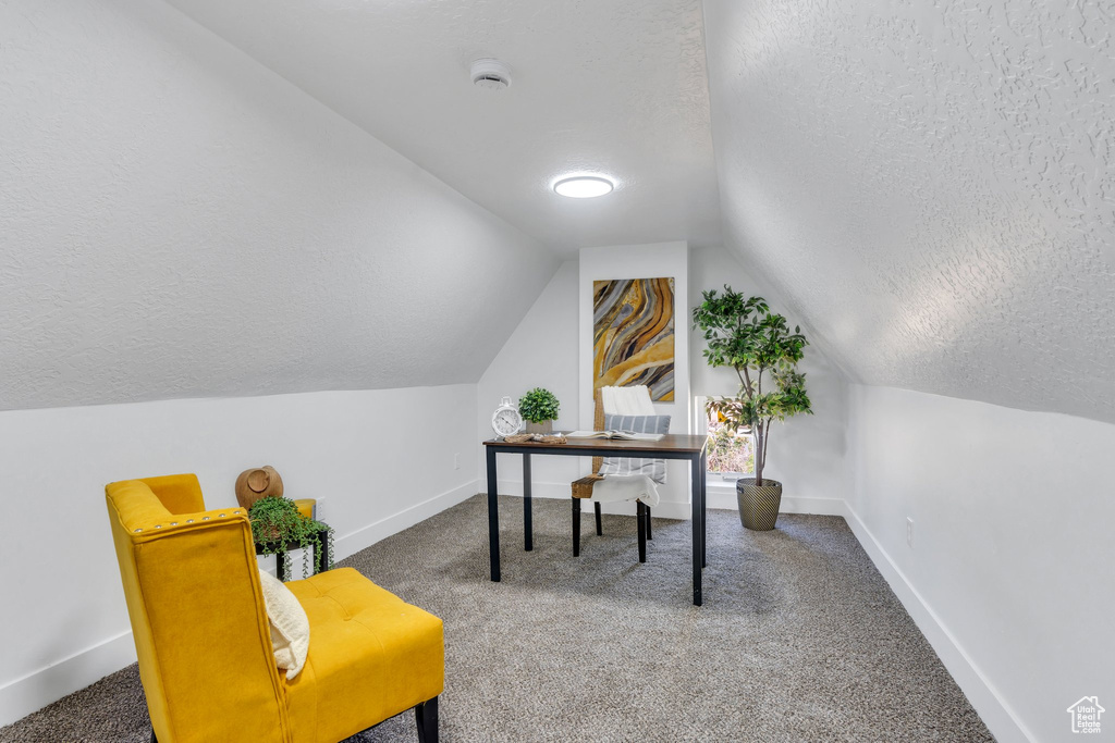 Carpeted office space featuring a textured ceiling, lofted ceiling, and baseboards