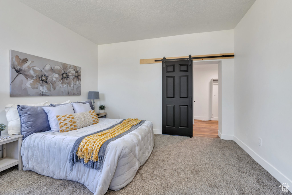 Bedroom with a barn door, carpet, and baseboards