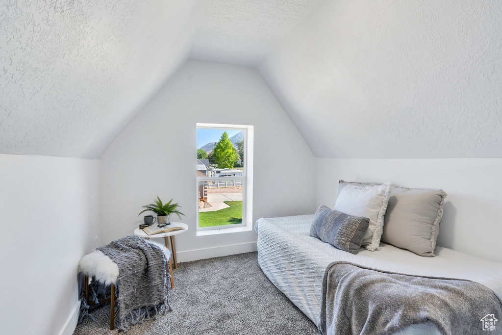 Bedroom with a textured ceiling, carpet floors, lofted ceiling, and baseboards
