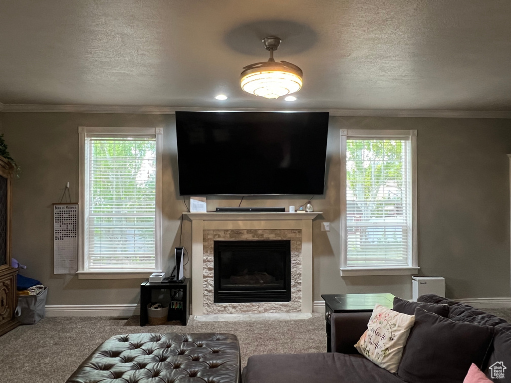 Carpeted living area featuring a fireplace, crown molding, baseboards, a textured ceiling, and plenty of natural light