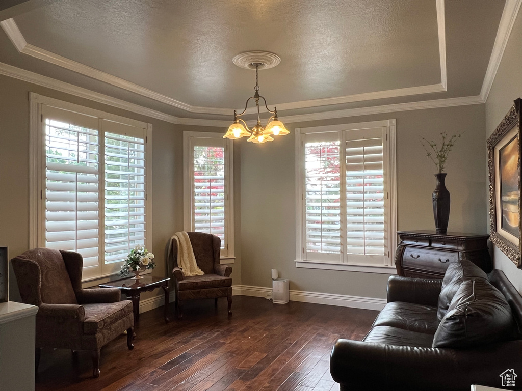Living area with a tray ceiling, a chandelier, dark wood-style flooring, baseboards, and a textured ceiling