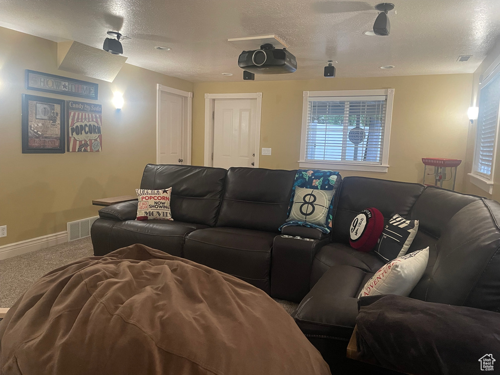 Home theater featuring carpet flooring, a textured ceiling, and baseboards