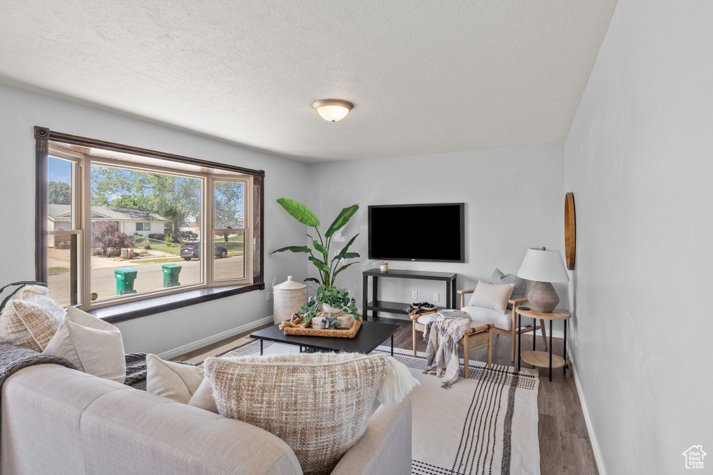 Living room with baseboards, wood finished floors, and a textured ceiling