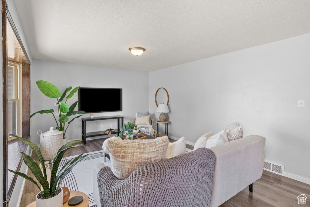 Living room with baseboards, wood finished floors, and plenty of natural light