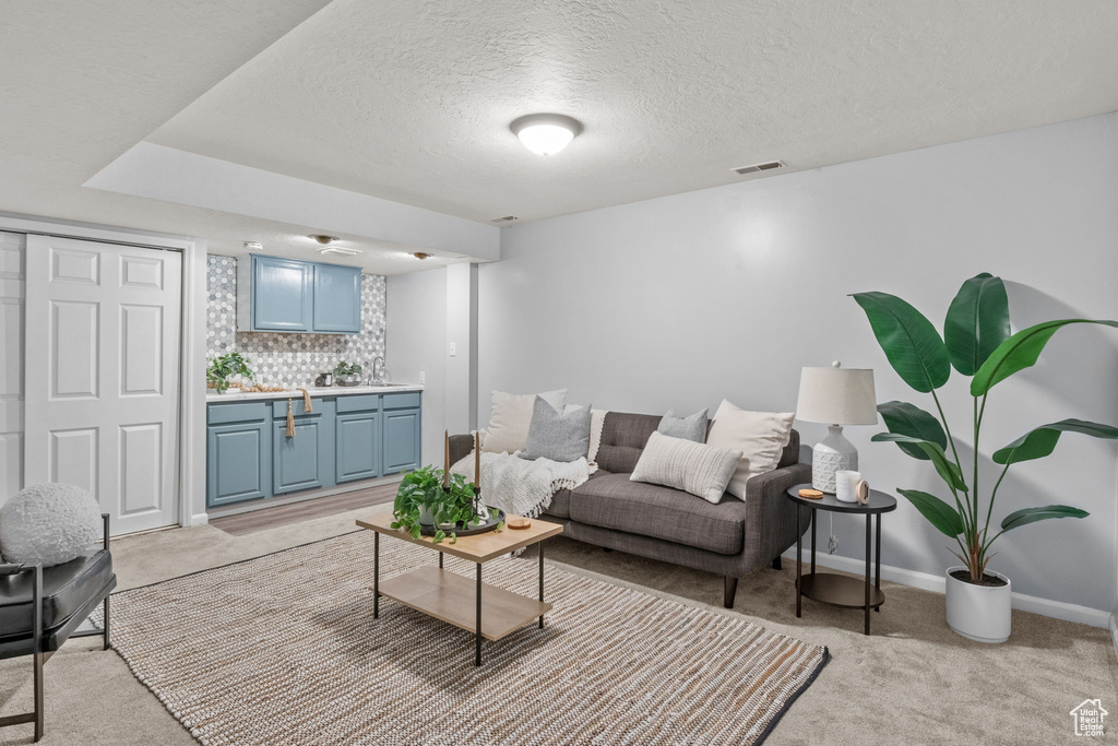 Living area featuring light colored carpet, a textured ceiling, and baseboards