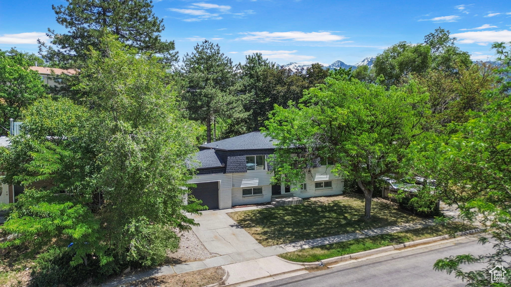 View of front facade with concrete driveway, roof with shingles, a garage, and a front yard