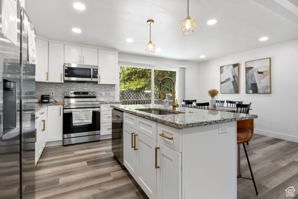 Kitchen with appliances with stainless steel finishes, a sink, a kitchen breakfast bar, recessed lighting, and light wood finished floors