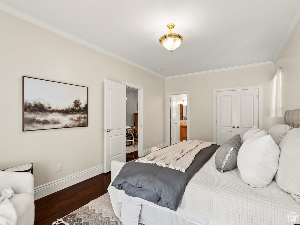 Bedroom with crown molding, baseboards, a closet, dark wood-style floors, and ensuite bathroom