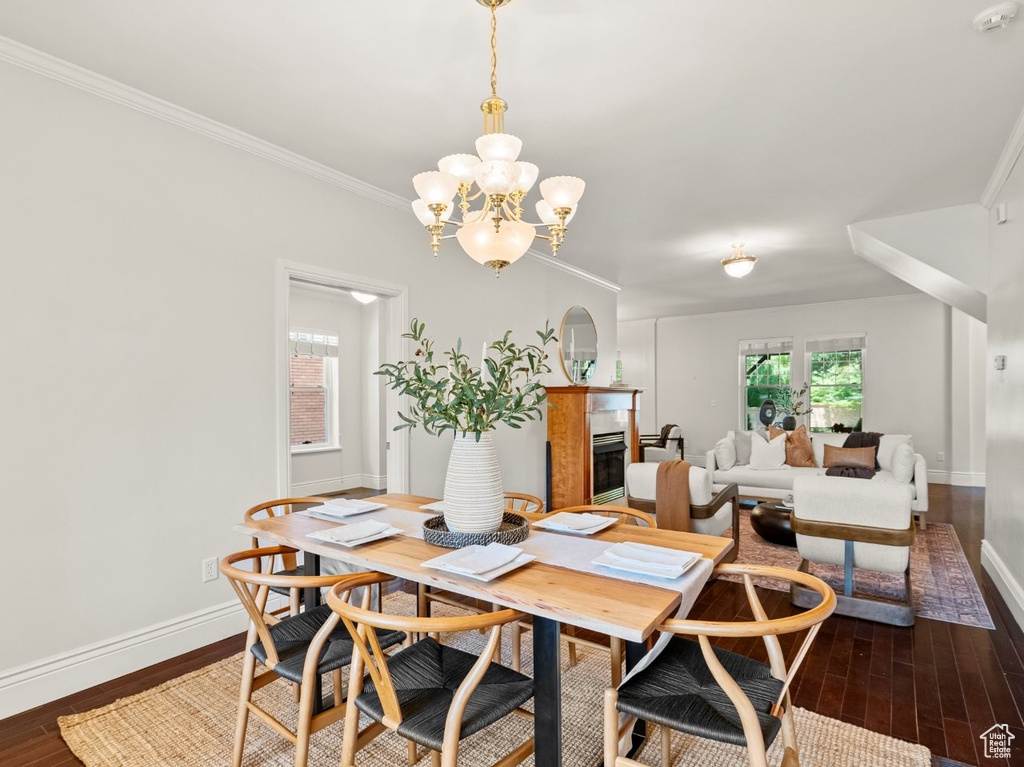 Dining area with baseboards, a fireplace, dark wood finished floors, a chandelier, and crown molding