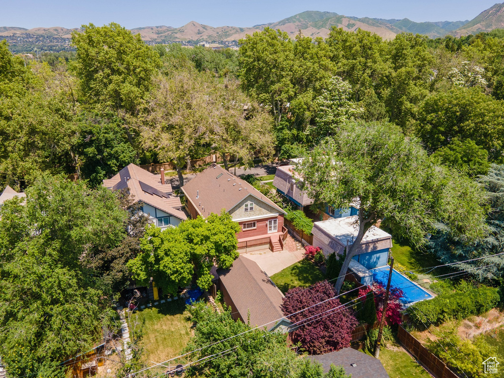 Bird's eye view of a heavily wooded area and a mountainous background