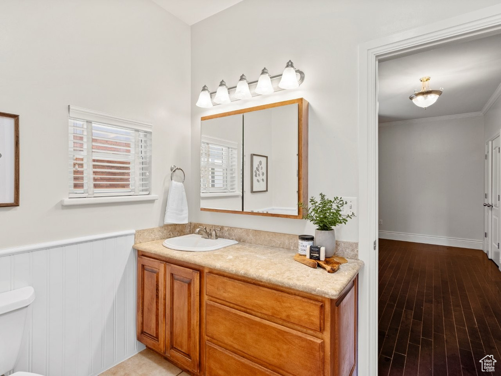 Bathroom with toilet, vanity, a wainscoted wall, and wood finished floors