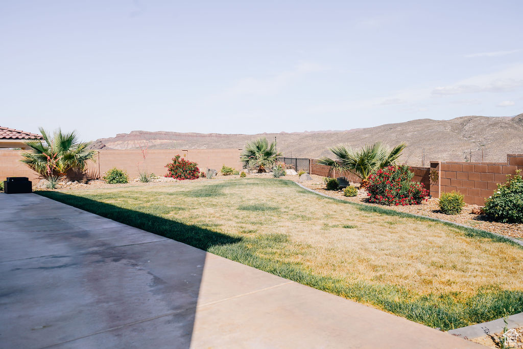 View of yard featuring a patio and a mountain view