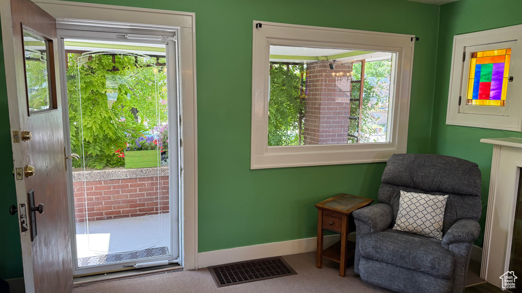 Doorway with plenty of natural light, baseboards, and carpet