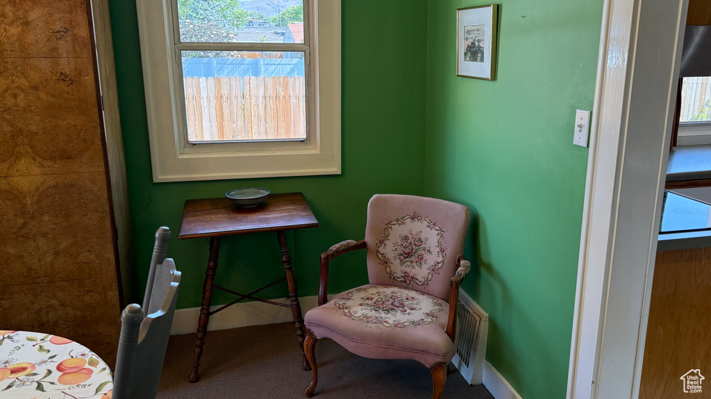 Sitting room featuring carpet floors, healthy amount of natural light, and baseboards