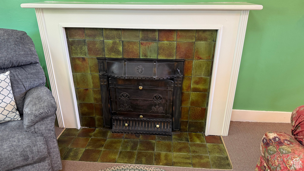 Detailed view of a tile fireplace