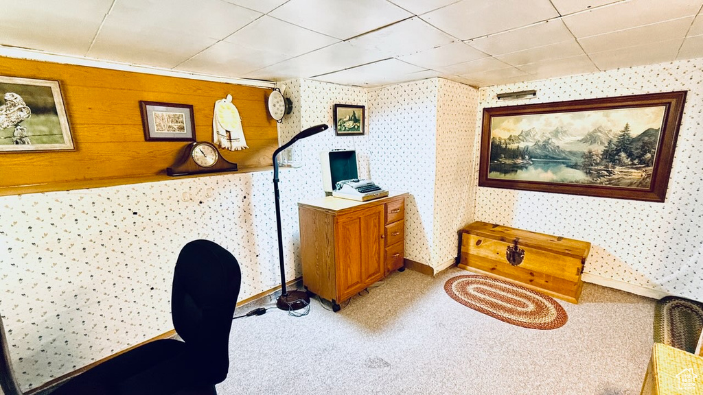 Office space featuring light carpet, wallpapered walls, and a drop ceiling