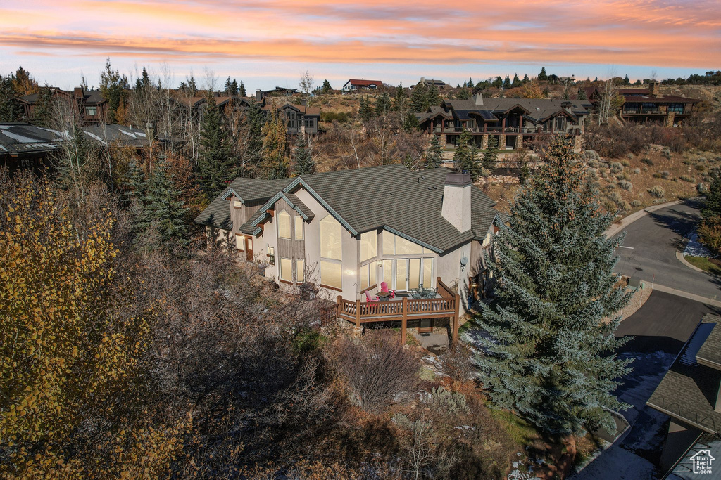 Aerial view at dusk of a residential view
