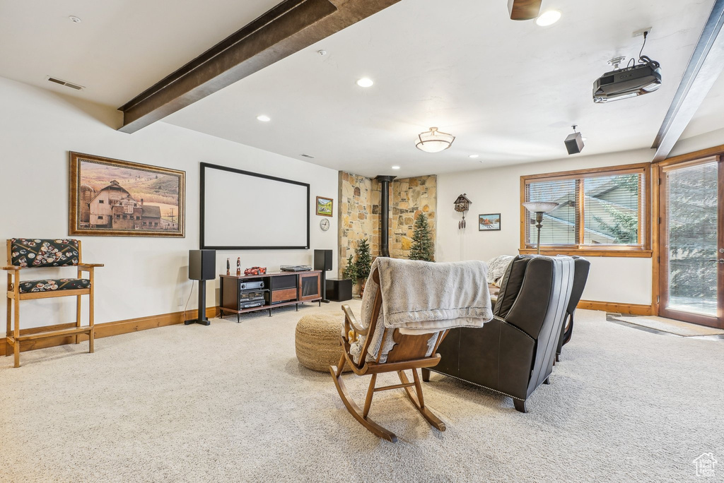 Cinema with light colored carpet, beamed ceiling, baseboards, and recessed lighting