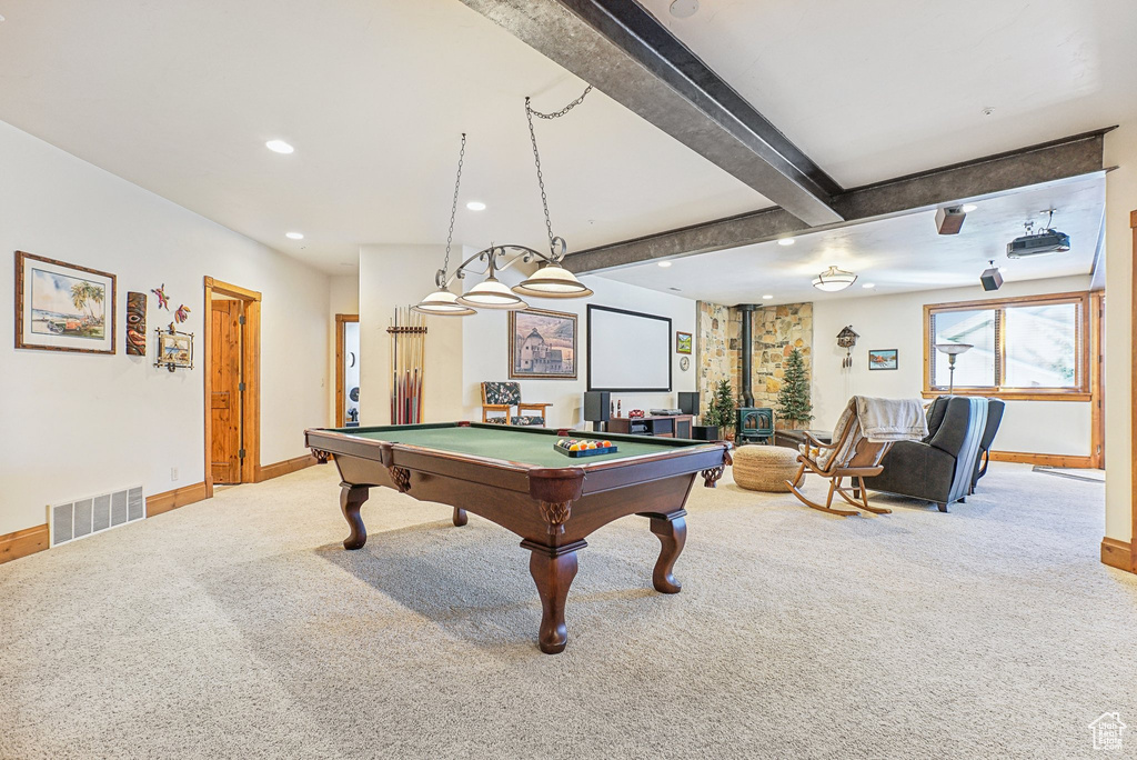 Rec room featuring baseboards, recessed lighting, carpet flooring, pool table, and beamed ceiling