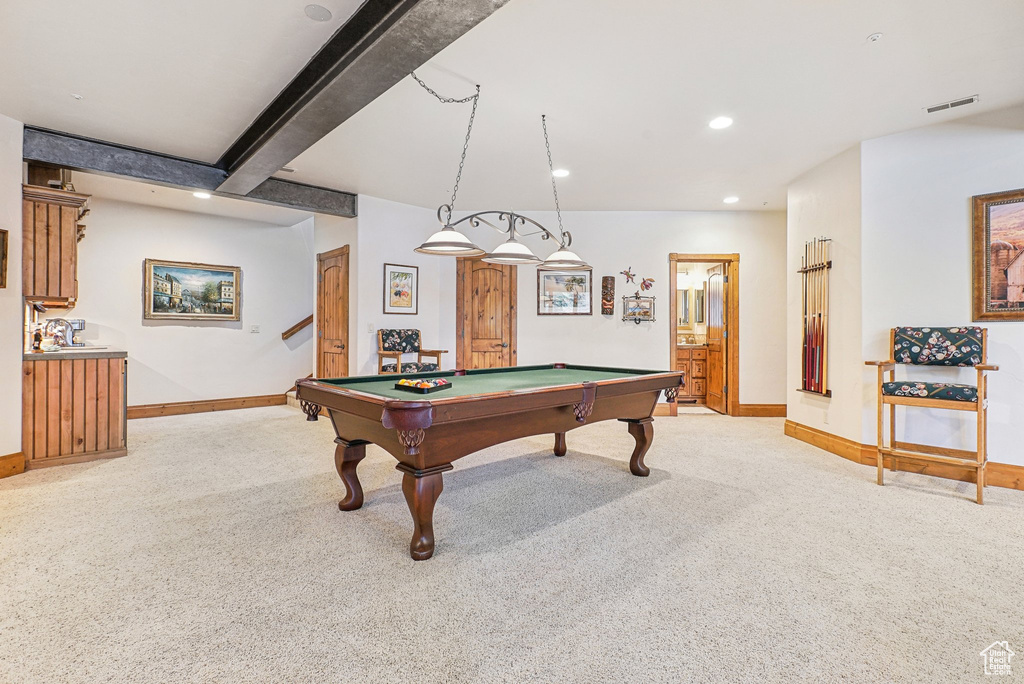 Playroom featuring light colored carpet, baseboards, billiards, recessed lighting, and beam ceiling