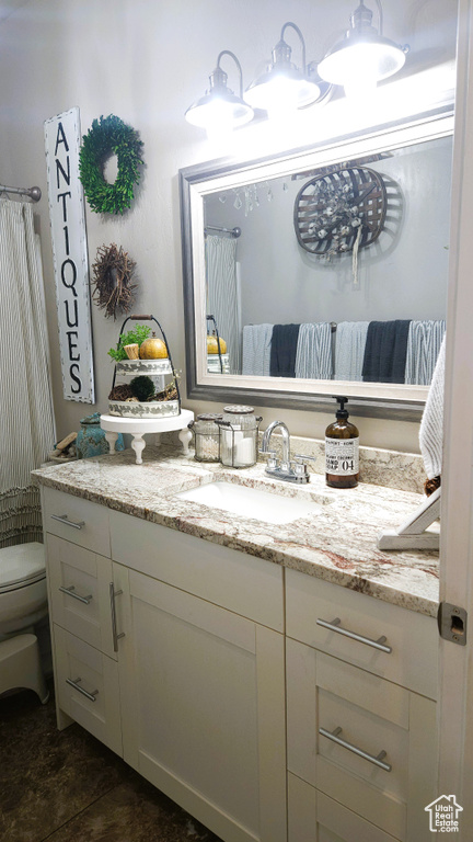 Full bathroom featuring vanity, toilet, and a shower with shower curtain