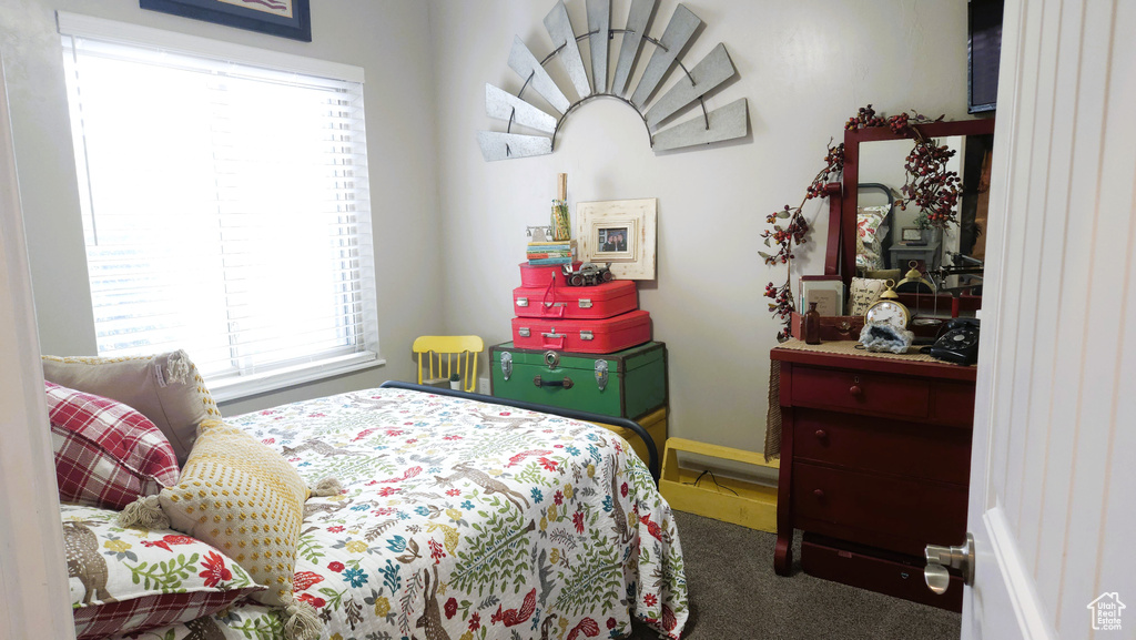 Carpeted bedroom featuring multiple windows