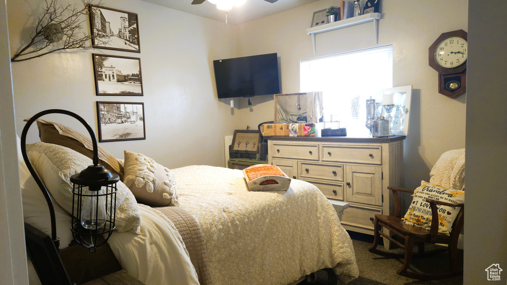 Bedroom featuring dark colored carpet