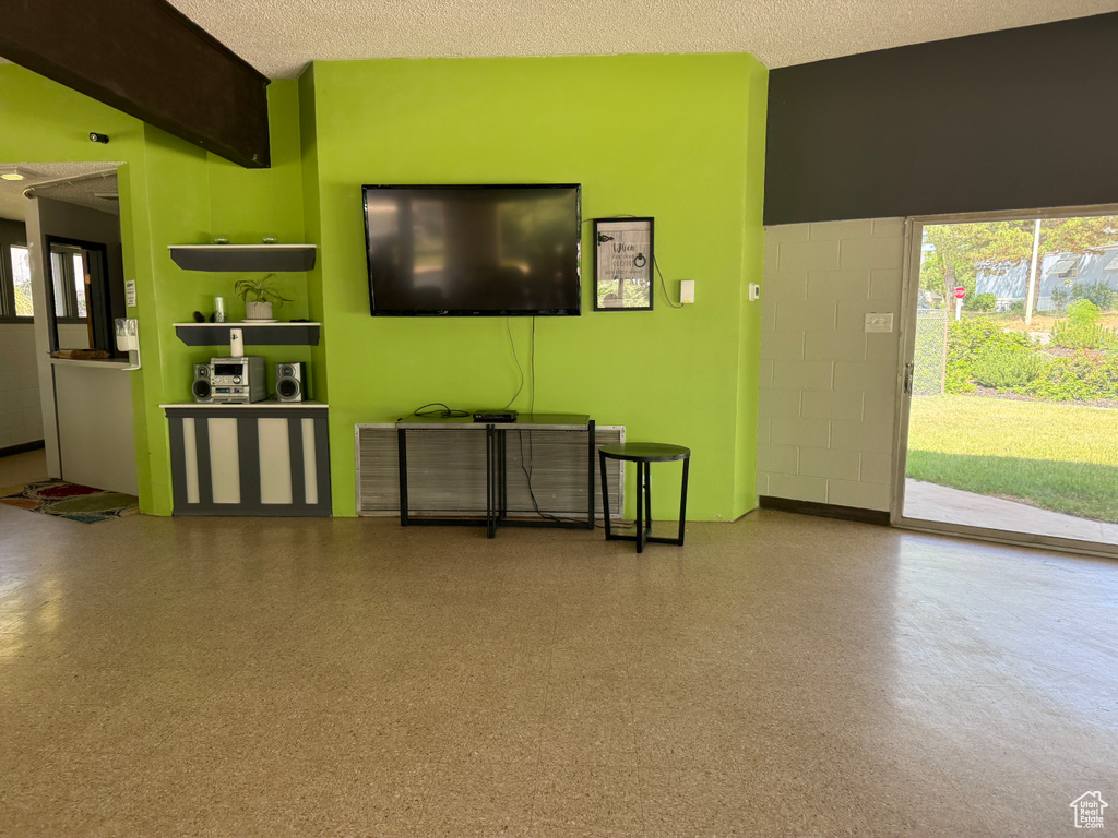 Living area featuring concrete block wall and a textured ceiling