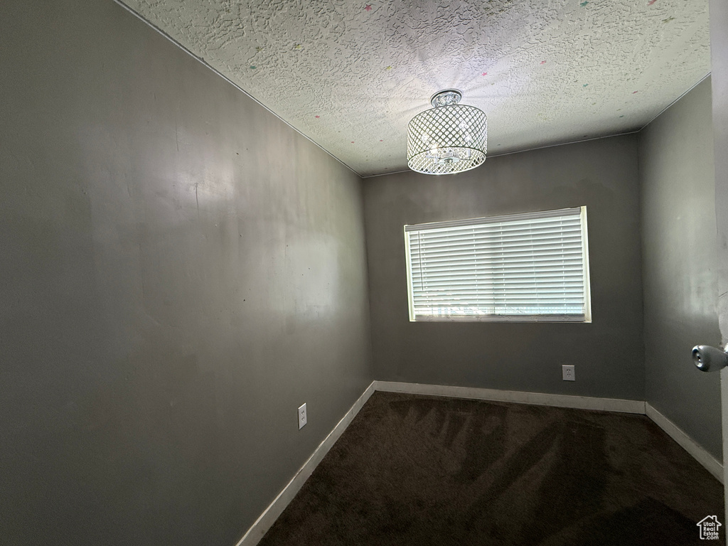 Empty room featuring carpet flooring, a textured ceiling, and baseboards