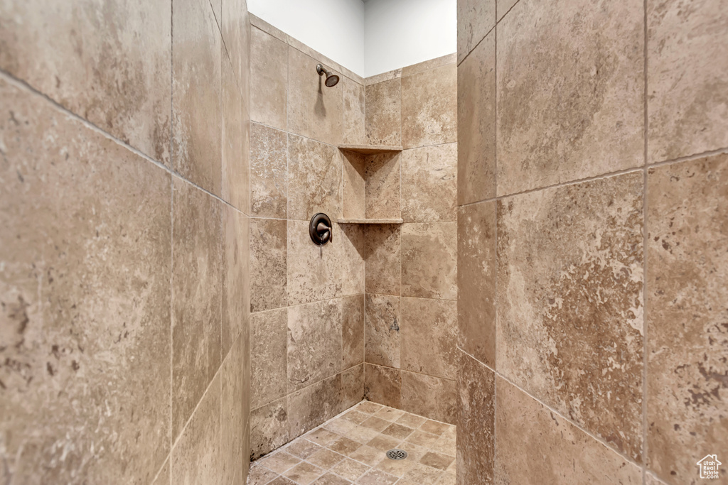 Bathroom view of a tile shower