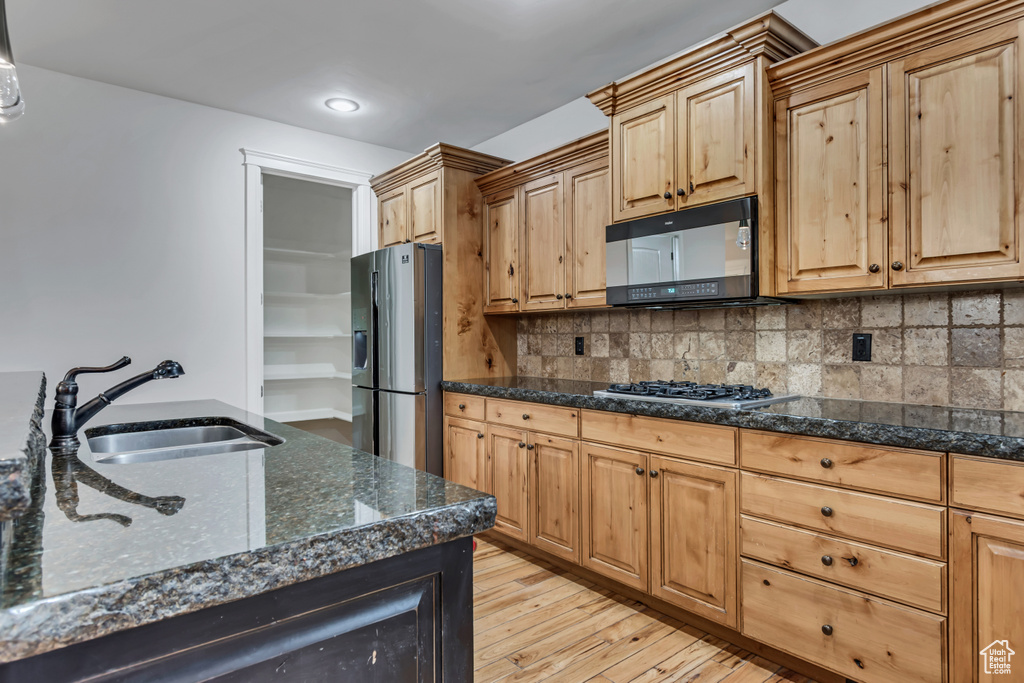 Kitchen with stainless steel appliances, a sink, light wood-style flooring, tasteful backsplash, and dark stone counters