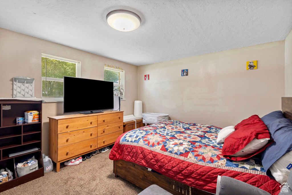 Bedroom featuring carpet and a textured ceiling